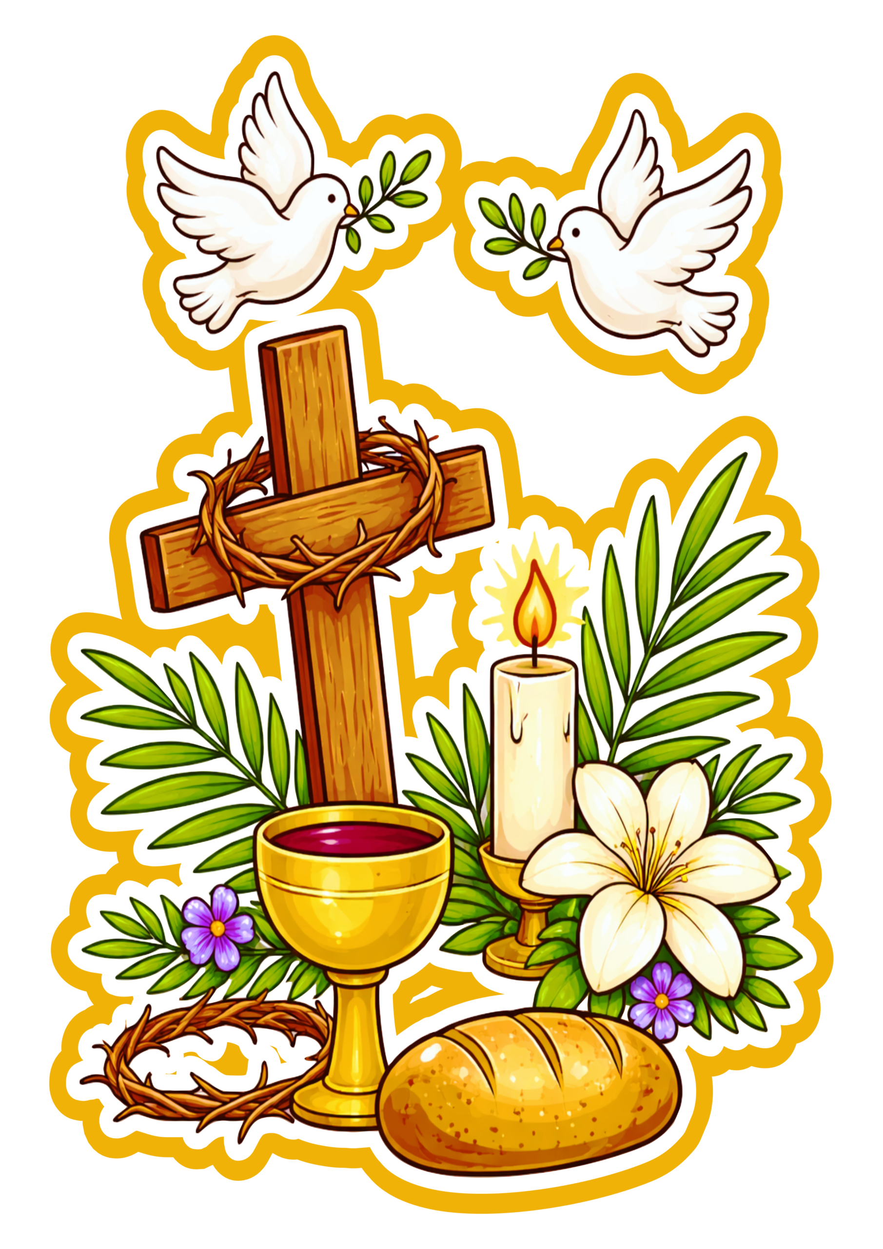 Símbolos da semana santa cruz pomba da paz vela coroa de espinhos pão e vinho imagem com fundo transparente png