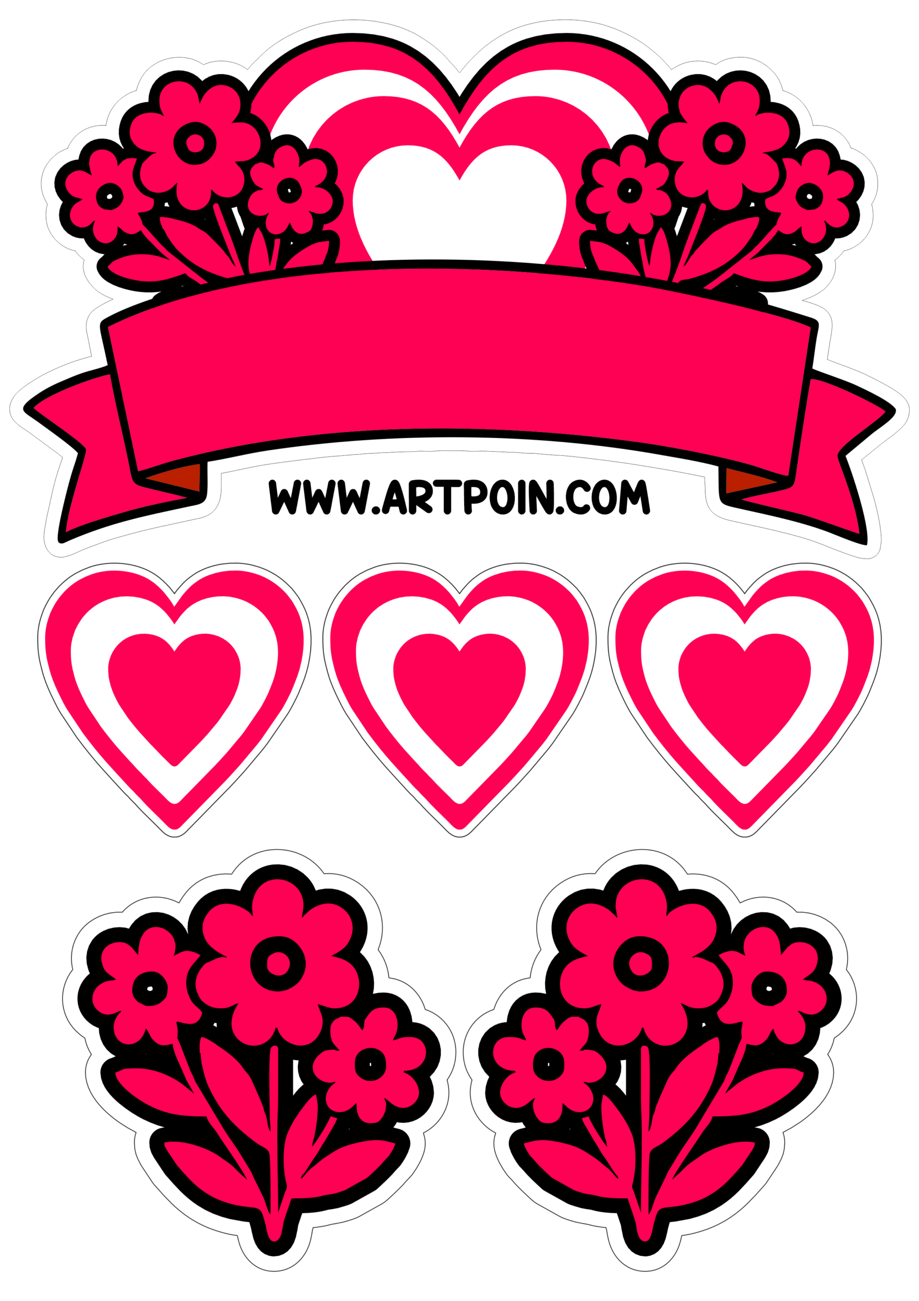 Topo de bolo vermelho para imprimir corações e flores ideal para decoração para o dia das mães faça a sua festa png