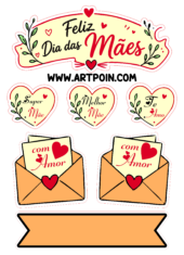 feliz dia das mães topo de bolo vermelho com frases pronto para imprimir