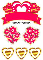 feliz dia das mães topo de bolo vermelho e dourado com desenhos flores e corações
