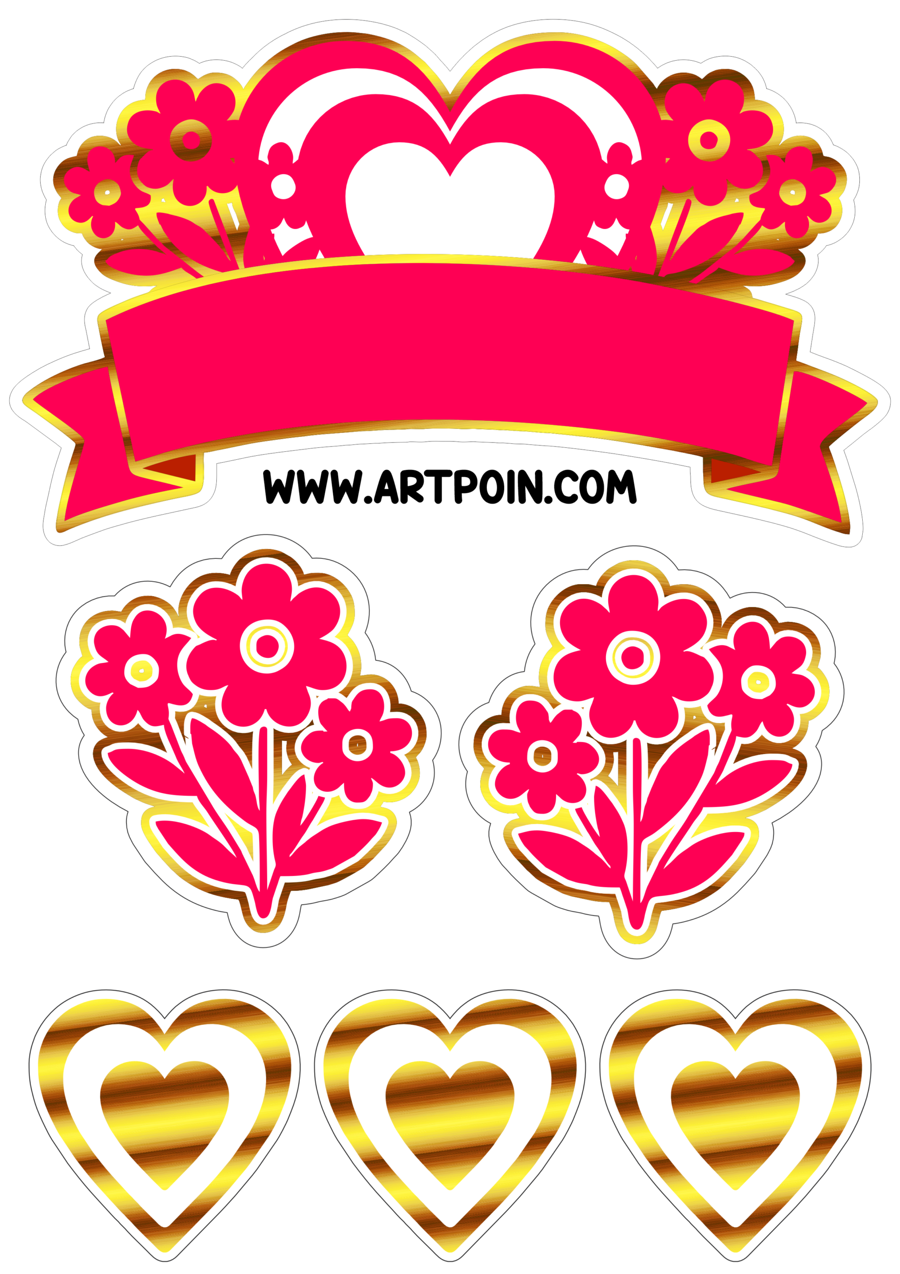 Topo de bolo vermelho com dourado para imprimir corações e flores ideal para decoração para o dia das mães faça a sua festa png