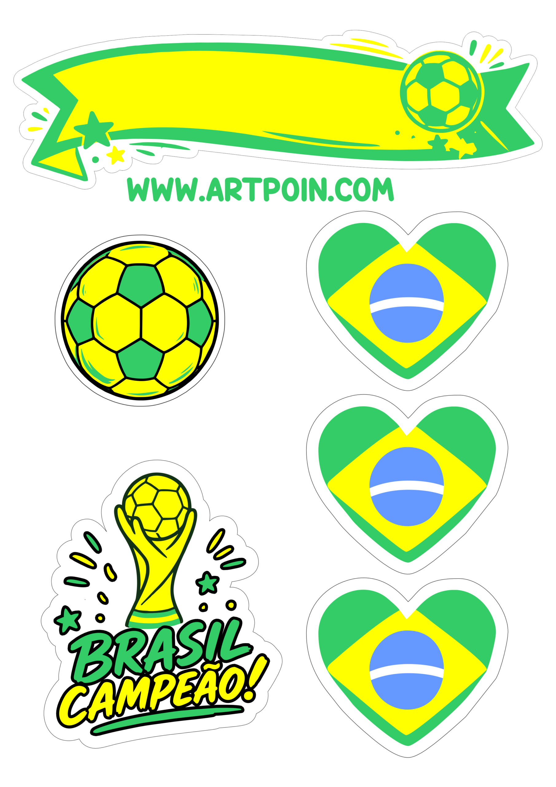 Topo de bolo para imprimir Copa do mundo 2026 Brasil campeão torcida verde e amarela bolas de futebol e corações png