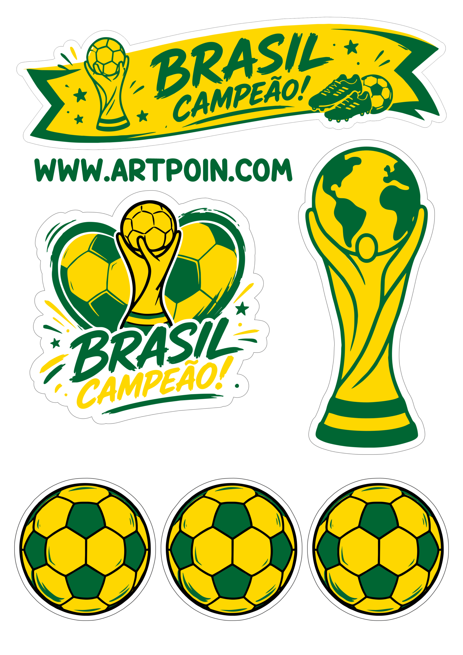 Topo de bolo para imprimir Copa do mundo 2026 Brasil campeão torcida verde e amarela desenho legal futebol troféu e bolas temáticas png